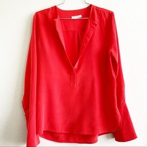 EQUIPMENT red silk flare long sleeve blouse button up top shirt XS